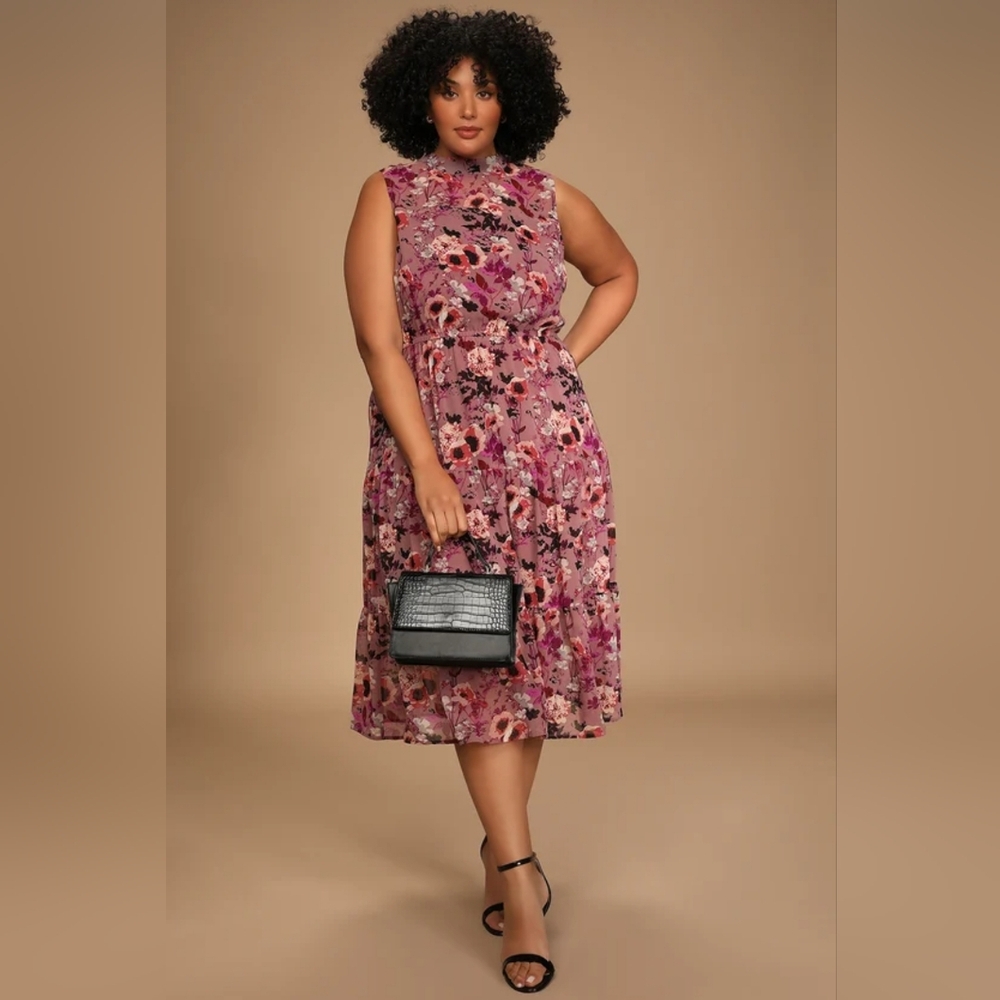 Mauve Floral Print Midi Dress